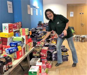 Sara Gibb with Food Parcels
